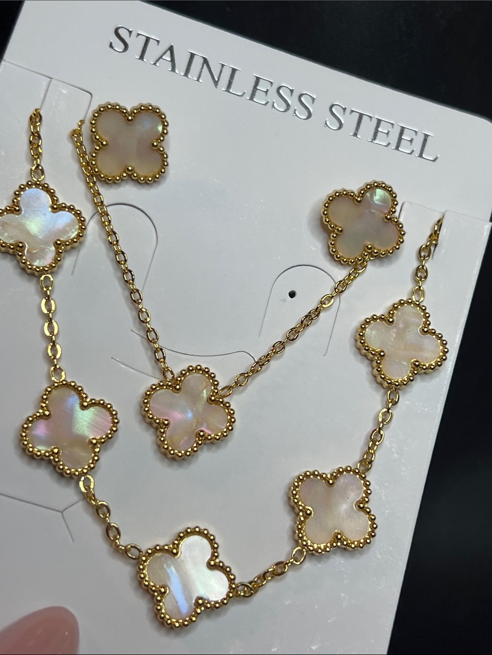 Gold Stainless Steel Clover Mother-of-Pearl Necklace and Earring Set